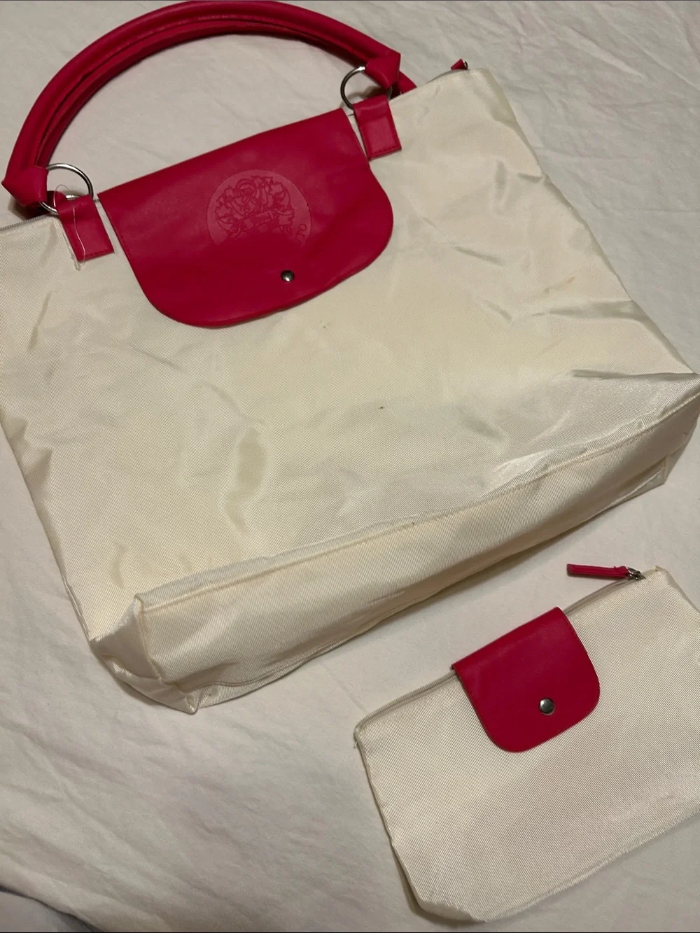 Vince Camuto Cream and Hot Pink Tote with Matching Pouch